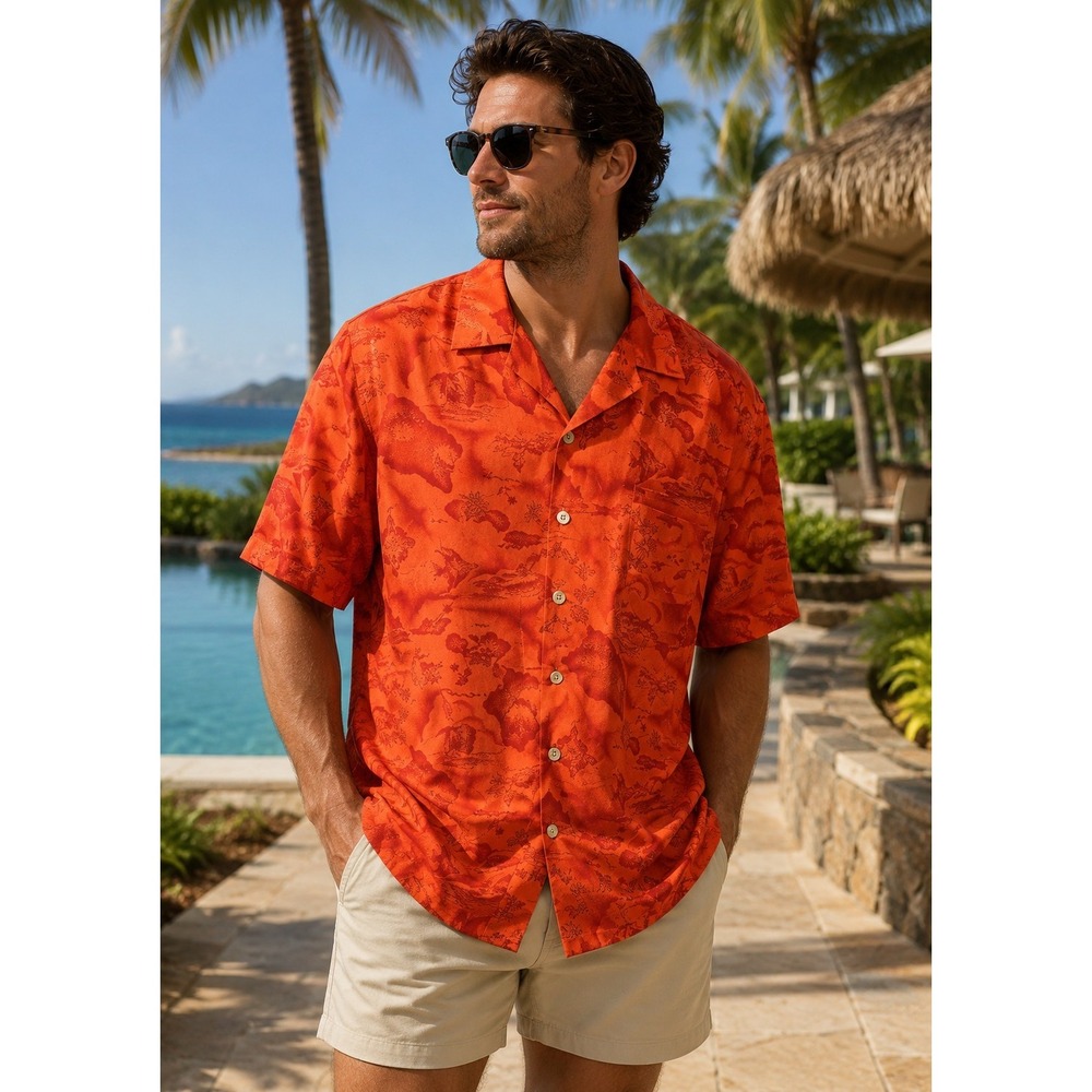 KENNINGTON Men's Large Orange Hawaii Hawaiian Short Sleeve Shirt Tropical -1126